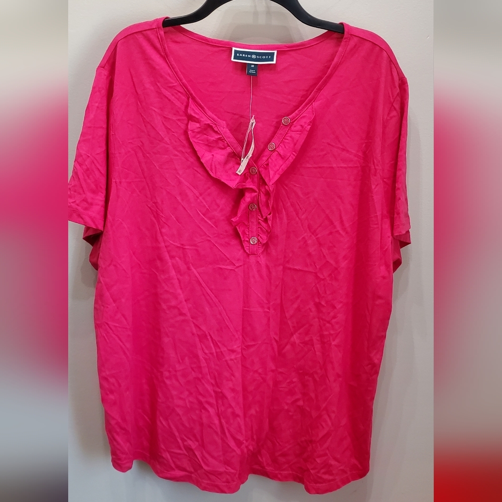 Karen Scott 3X Pink Ruffled Short Sleeve V-Neck Top - Picture 1 of 8